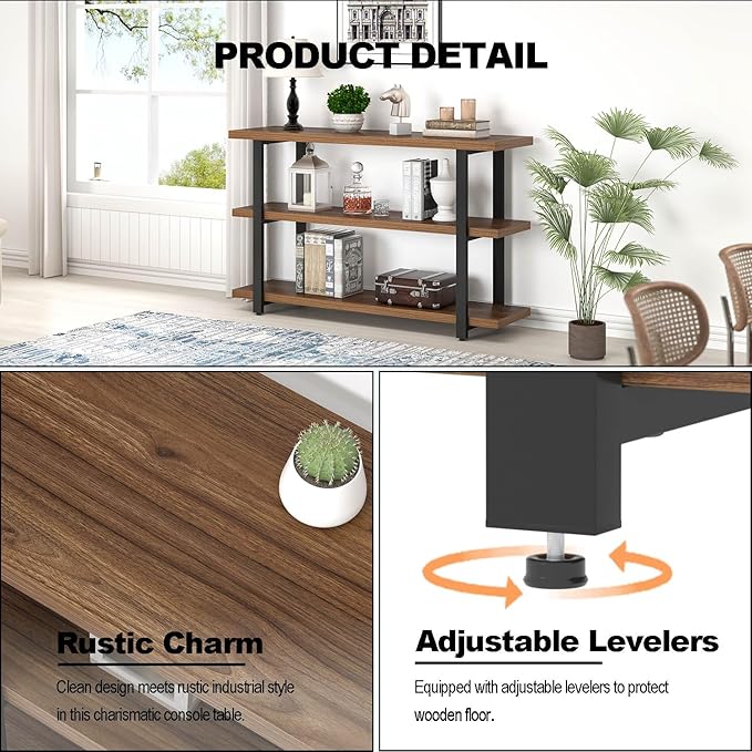 FOLUBAN Console Tables for Entryway, Modern Wood and Metal Sofa Table with Storage Shelves for Living Room, Hallway, Entrance, or Behind Couch, Rustic Walnut, 47 Inch