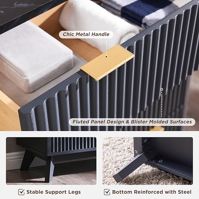 T4TREAM Fluted 6 Drawers Dresser, 54" Wide Modern Chest of Drawers with Faux Marble Top, Curved Profile Design, Dresser TV Stand, Wood Drawer Organizer for Bedroom, Living Room, Hallway, Dark Grey