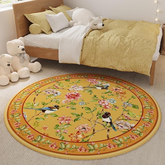 Round Rug 4ft Washable Circle Rug Non Slip Low Pile Floral Bird Magpies Animal Small Circular Rug for Bedroom, Bathroom, Entryway, Kids Room, Office, College Dorm (Yellow)