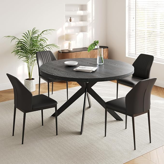 45.3" Round Dining Table Set for 4, Wooden Round Dining Table with Chairs for 4-6 Person, w/Metal Legs, Coffee Table for Kitchen Dining Room, Living Room, Office