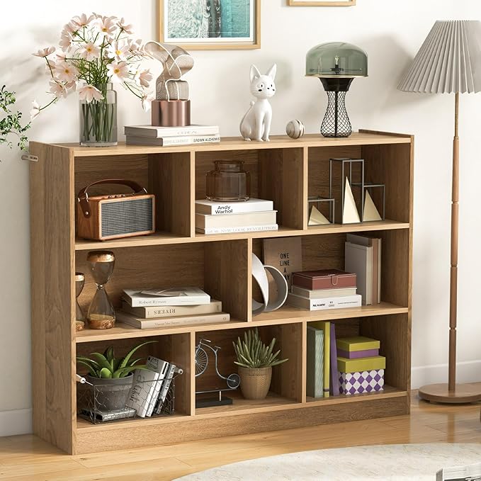 NAFORT 8-Cube Organizer Storage Cabinet, 3-Tier Bookshelf,Low Displaycase, Wooden Bookcase for Bedroom/Preschook/Classroom/Office, Natural
