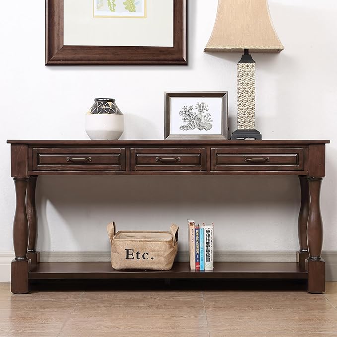 63inch Solid Wood Console Table with 3 Drawers and 1 Bottom Shelf Extra-Thick Sofa Table(Light Espresso)