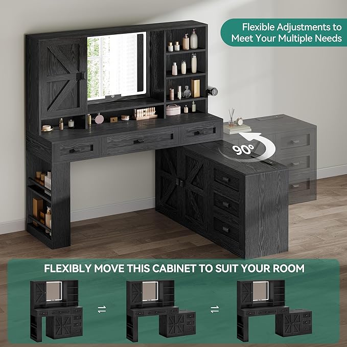 YITAHOME 48'' Farmhouse Makeup Vanity Desk with Mirror and Lights, 68'' 360° Rotation Big Modern Lighted Vanity Table with 6 Drawers & Lots Shelves, Rustic Large Dressing Table, Antique Black
