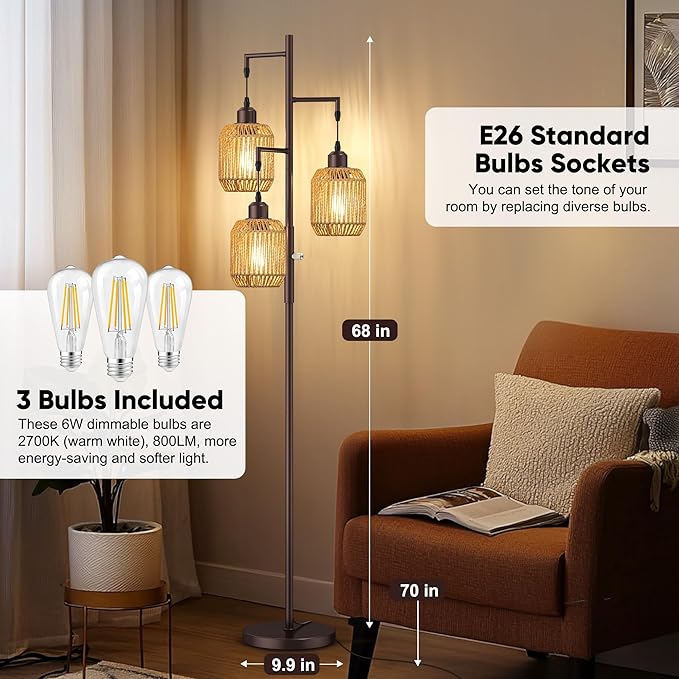 ROTTOGOON Dimmable Boho Floor Lamp - 3 Light Farmhouse Rattan Floor Lamp for Living Room, Industrial Tree Floor Lamps with 3 X 6W LED Bulbs, Rustic Standing Tall Lamp for Bedroom, Office, 68", ORB