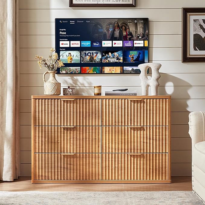 LEYAOYAO Fluted 6 Drawers Dresser for Bedroom, 48" Wide Modern Chest of Drawers with Metal Handle, Brown Curved Profile Farmhouse Closet Organizer Wood Dressers TV Stand for Living Room, Hallway