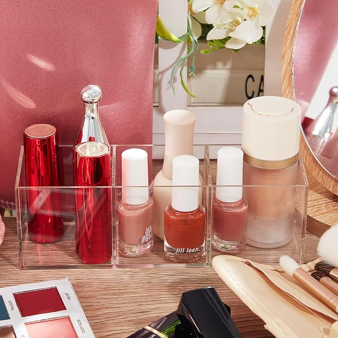 Epakh 2 Pieces Acrylic Cube Organizer 3 Compartments Clear Acrylic Pencil Holder Makeup Brush Drawer Organizer for Desk, Office, Vanity