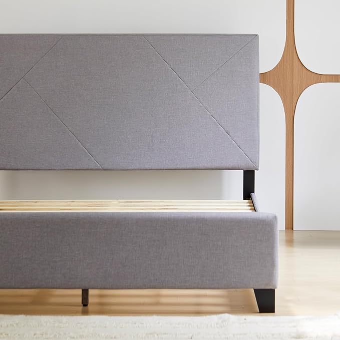 Livinia Stella Twin Size Platform Bed, Fabric Upholstered Twin Bed Frame with Height Adjustable Headboard Footboard, Strong Wood Slats, No Box Spring Needed, Gray (Twin)