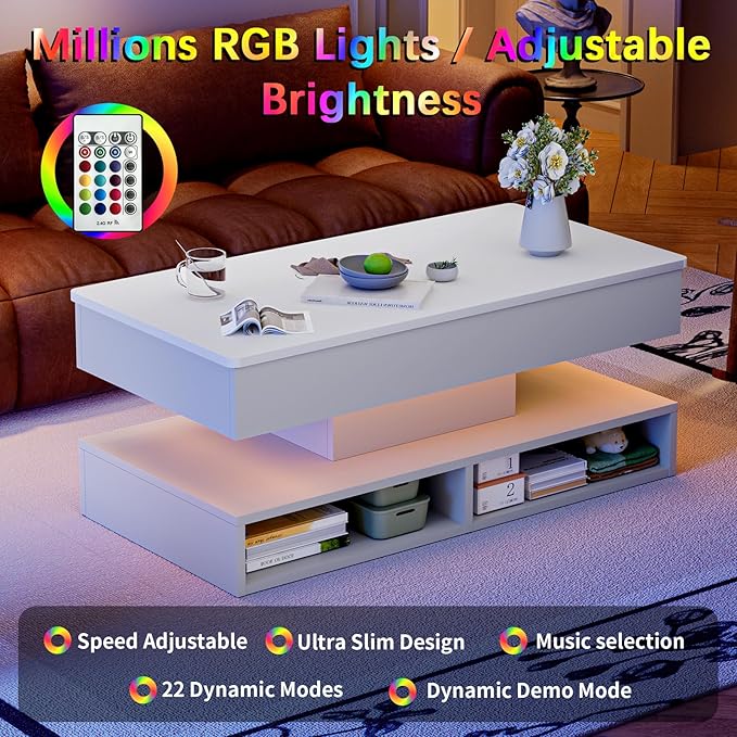 LED Coffee Table for Living Room,47.2" Large Living Room Table 2-Tier High Glossy Coffee Table with Storage,Rectangular Wooden Tea Tables for Home Office,White