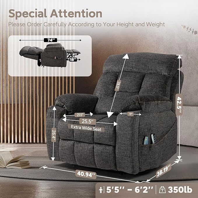 Lazy Boy Recliner Chair with Heated and Massage, 4 Motor Headrest, Lumbar Independent Adjustment Power Lift Recliner with Hidden Cup Holder、Side Pocket、Back Pillow