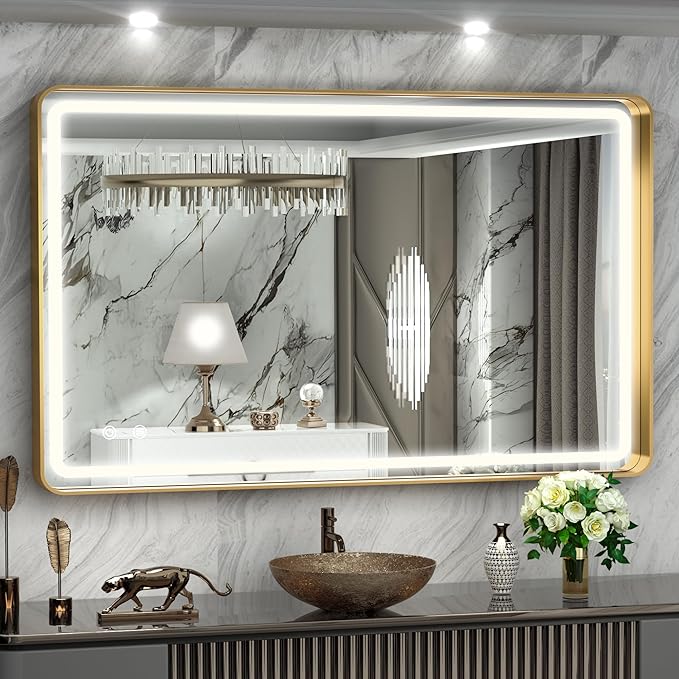 Hasipu LED Bathroom Mirror with Lights 40 x 26 Inch, Gold Metal Frame Light Mirror for Vanity Anti-Fog, Dimmable, 3 Colors (Horizontal/Vertical)