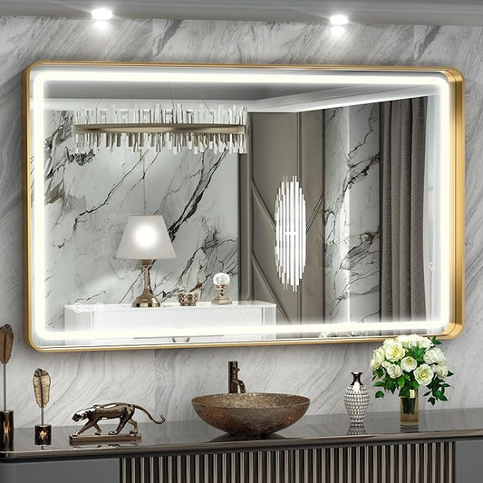 Hasipu LED Bathroom Mirror with Lights 40 x 26 Inch, Gold Metal Frame Light Mirror for Vanity Anti-Fog, Dimmable, 3 Colors (Horizontal/Vertical)