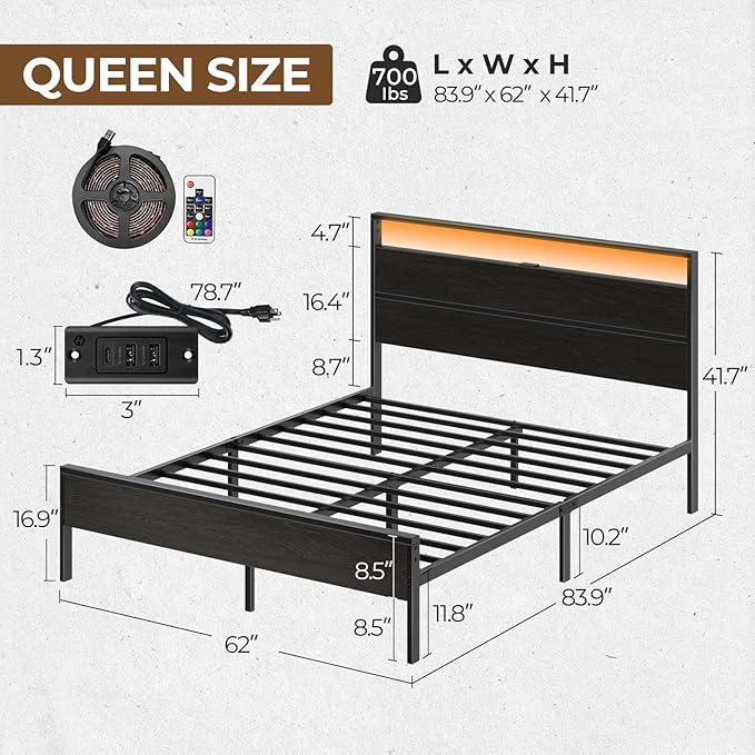 Rolanstar Queen Bed Frame with Headboard, Bed Frame Queen with LED Lights, Camas Queen Size Bed with Charging Station, Solid Metal Slats, Noise Free, No Box Spring Needed, Black