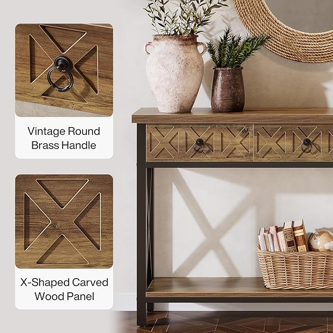 Tribesigns Farmhouse Narrow Console Table with 3 Drawers, 55" Long Rustic Entryway Table with 2-Tier Storage Shelf, Behind The Sofa Furniture for Living Room, Entrance, Hallway, Foyer, Brown & Black