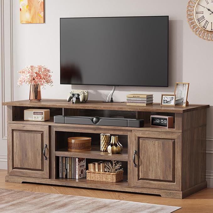Amada TV Stand for TVs Up to 80 Inch, Entertainment Center TV Stand with Drawer Storage Cabinet, Adjustable Shelves, Cable Management, Farmhouse Rustic Wood TV Console for Living Room, Bedroom, Brown