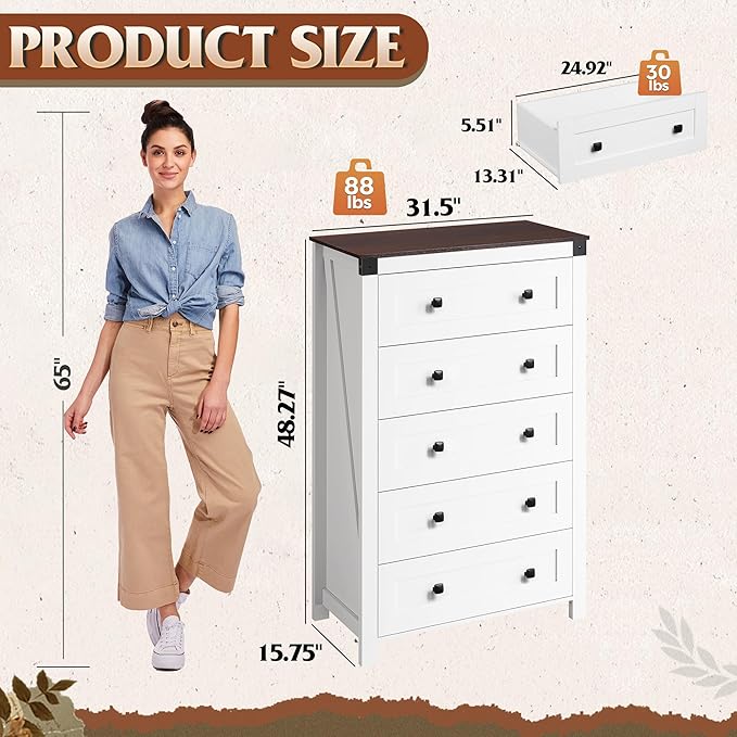 WLIVE Farmhouse White Dresser for Bedroom, 5 Drawer Dresser Storage Organizer, Tall Wood Dressers with Double Rustic Handle, Chest of Drawers for Living Room, Hallway, Closet