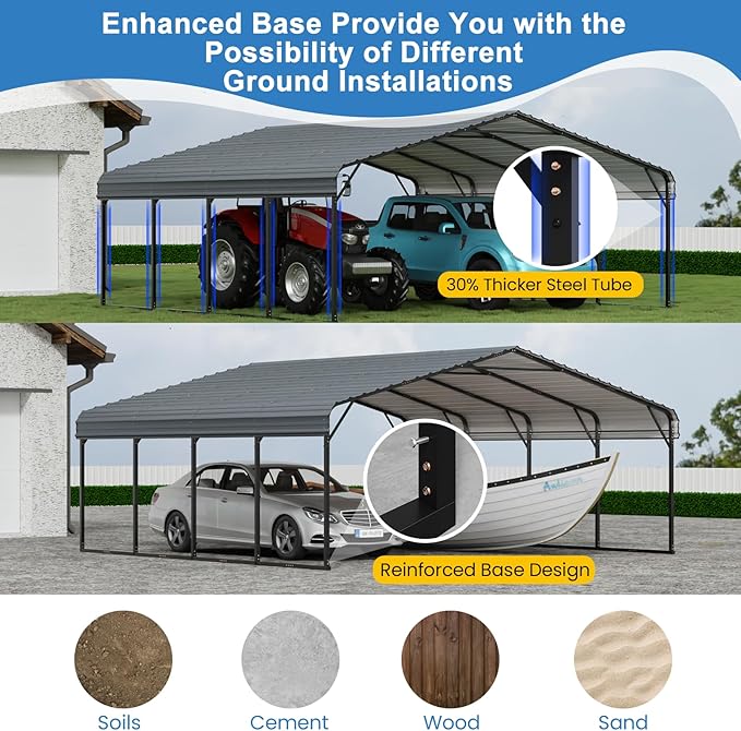YOLENY Carport 20x20 FT, Heavy Duty Car Port, Car Shelter with Galvanized Metal Roof and Frame, Easy Assembly Carport with Enhanced Base, Expanding Garage Space for Pickup, 2 Cars, Boat and Tractors