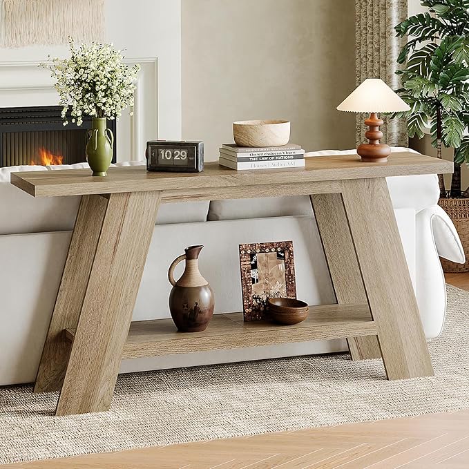 Treocho 63 Inch Long Farmhouse Console Tables for Entryway, 2-Tier Modern Wood Sofa Table with Shelf Behind Couch, Contemporary Narrow Entryway Table for Living Room, Hallway, Entrance, Walnut