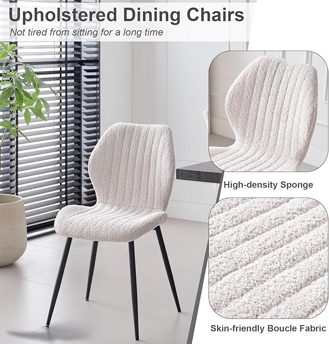 47" Round Dining Room Table Set for 4, [Fanned Base] [1.38" Thick Top] Wood Kitchen Table with 4 Boucle Dining Chairs