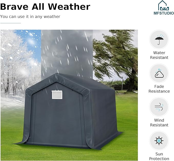 MFSTUDIO Outdoor Storage Sheds 8x12 ft, Portable Carport Shelter Garages Heavy Duty Canopy with Rolled up Zipper Doors,Outside Utility Shed Garage Tent for Motorcycle, Bicycles,Lawn mowers and Tools