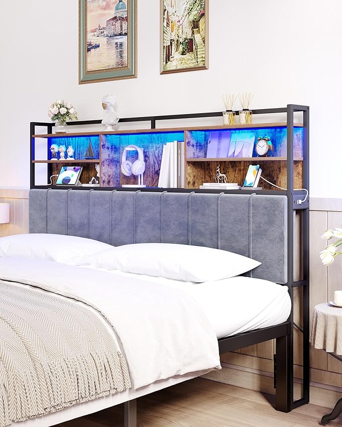 Headboard with 3-Tier Storage Shelves, Velvet Upholstered Head Board with 2 Outlets, USB Ports & LED Light, Soft Backrest for King Size Bed Rustic Brown and Black BH19401B