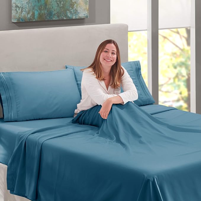 Nestl Split King Sheet Set - 1800 Ultra-Soft Microfiber Bed Sheets - Double Brushed - Deep Pockets - Easy Fit - 5 Piece Set - Bed Sheets & Pillowcases (Split King Size, Blue Heaven)