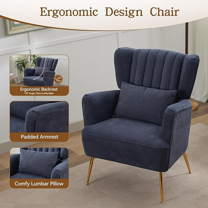Fabric Accent Living Room Arm Chair Set of 2 Mid Century Modern Chairs with Pillow & Golden Legs, 8.5" Thick Cushion, Upholstered Comfy Sofa Armchair for Reading Room/Bedroom, Navy