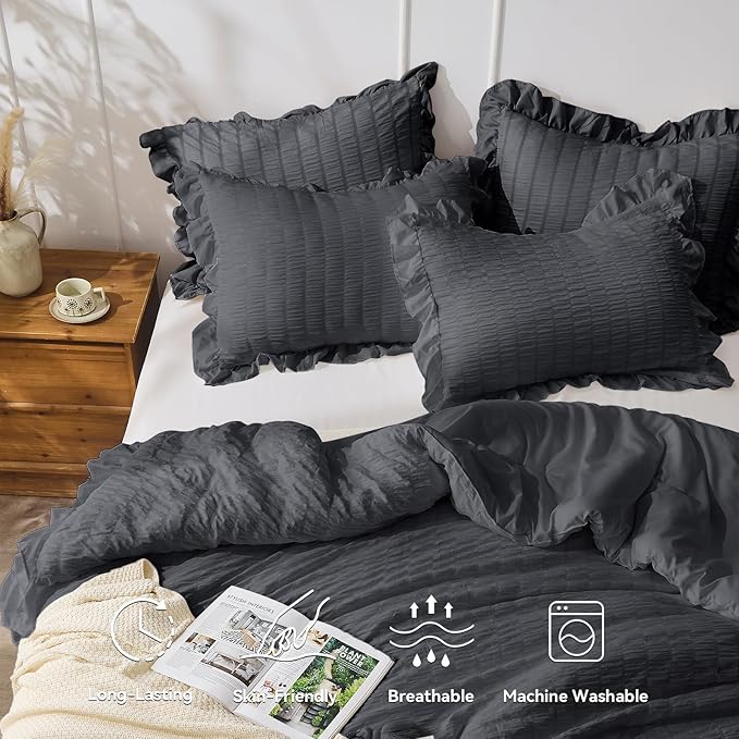 JOLLYVOGUE Dark Gray Queen Comforter Set, 3 Pieces Seersucker Bedding Comforter Sets, All Season Bed in a Bag Queen, Lightweight & Fluffy Queen Bedding Set with 1 Comforter, 2 Ruffle Pillowshams