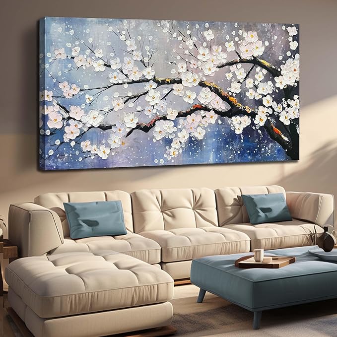 White Flowers Hand Painted Wall Art For Bedroom Blue Modern Wall Decor For Office Extra Large Wall Art For Living Room Size 36 x 72 Inch