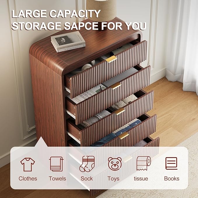 FURSUN Fluted 5 Drawers Dresser for Bedroom, 48" Tall Wooden Modern Dresser with Metal Handle, Curved Profile Design, Storage Organizer for Living Room, Hallway, Dark Walnut