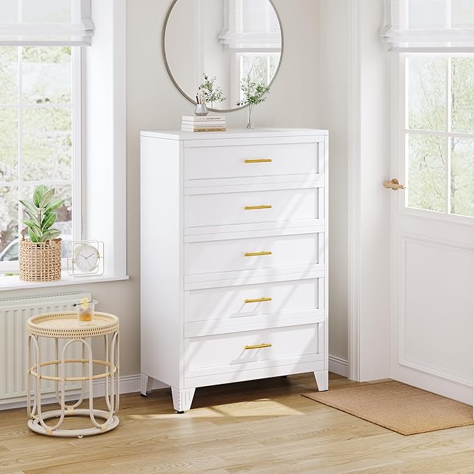 Metal Dresser Tall White Dresser for Bedroom Chest,53.54" H White Drawer Chest, Closet Dressers & Chests of Drawers for Living Room, Hallway (5 Drawers)