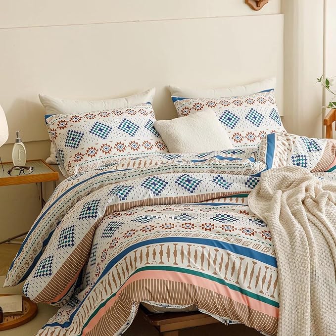 Luxlovery Aztec Comforter Set King Beige Blue Bohemian Bedding Set King Southwestern Exotic Ethnic Rustic Native American Navajo Bedding Set Folkloric Comforter Set Women Men