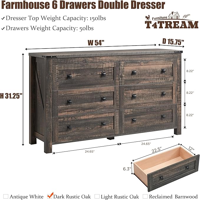 T4TREAM Farmhouse 6 Drawers Dresser for Bedroom, Wood Rustic Wide Chest of Drawers, Storage Dressers Organizer for Bedroom, Living Room, Hallway, Dark Rustic Oak