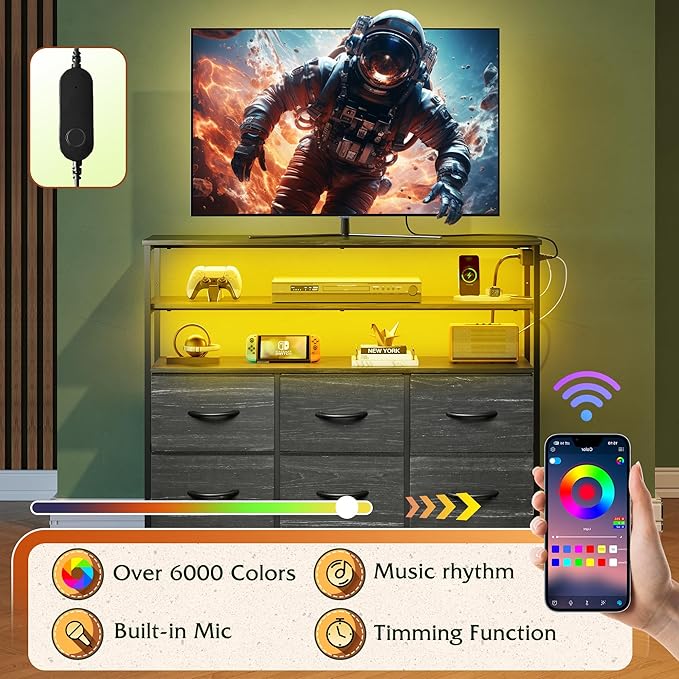 WLIVE Black TV Stand for 40, 45 inch TV, Entertainment Center with LED Lights & Charging Station, TV Media Console Table with 6 Fabric Drawers and Open Shelves for Living Room, Hallway, Wood Top