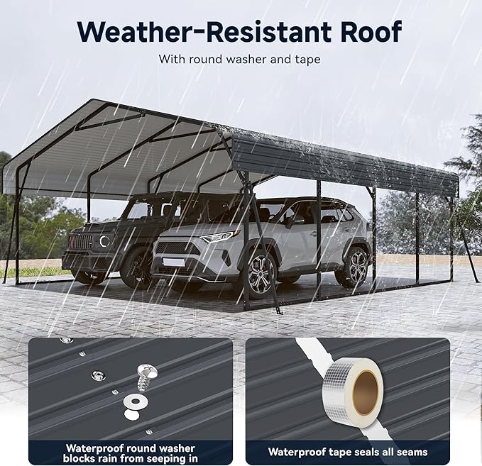 Heavy Duty Metal Carport, 20 x 20FT Outdoor Carport with Galvanized Steel Frame and Roof, Multi-Use Car Shelter for 2 Cars, Pickup, Tractors, Gray