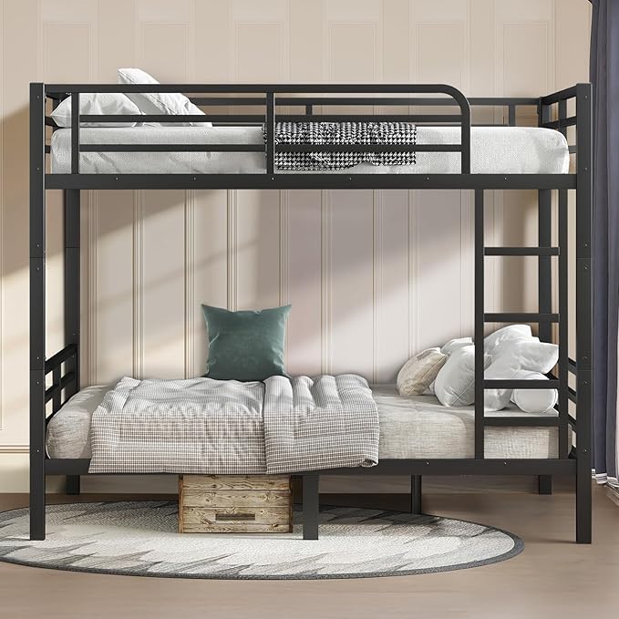 Full Over Full Bunk Bed Frame, Heavy Duty Metal Loft Bed for Adults/Teens, 350/500LB Capacity w/Ladder & Guardrail, Noise-Free Steel Slats, No Box Spring Required, Black
