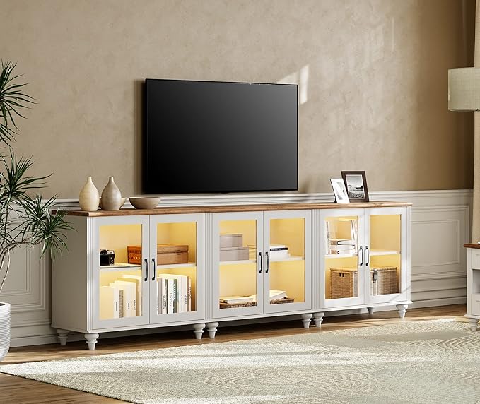 WAMPAT 100 Inch TV Stand, Wood TV Cabinet Entertainment Center for 75/80/85 Inch TV, 3-in-1 Kitchen Buffet Cabinet with Glass Door for Dining Room & Living Room, White