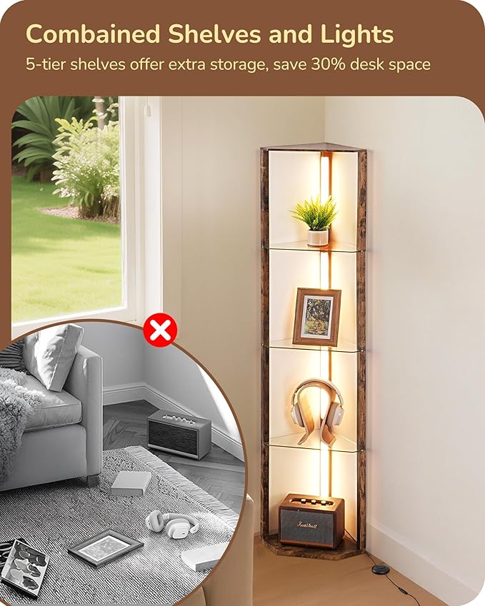 EDISHINE Corner Shelf with Light, 5-Tier Glass Display Shelf with Remote/Foot Control, 3CCT & Dimmable Corner Lamp, Open Display Cabinet, Standing Lamp for Living Room, Bedroom, Flamewood Color