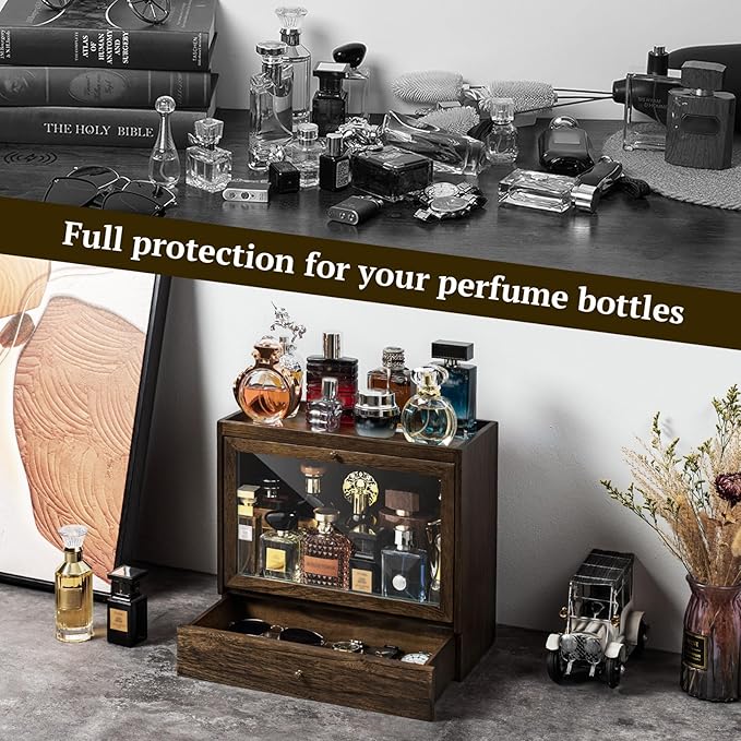 Cologne Organizer for Men, Solid Wood Perfumes Organizer for Men Dresser, Large Capacity Dustproof Cologne Holder with Drawer Storage Perfume Stand Organizer, Ideal Gift for Loved ones