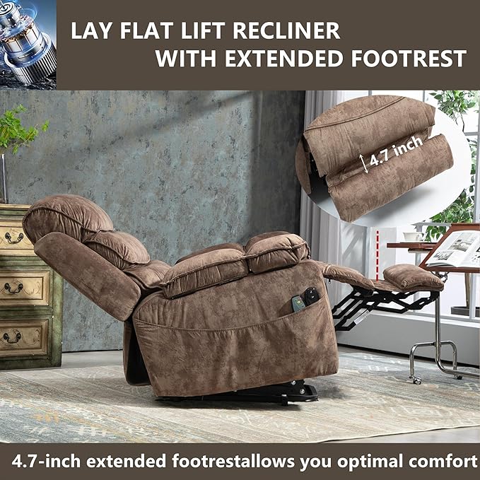 Oversized Extra Wide Power Lift Recliner Chair Extended Footrest for Big Tall Man 400lb, Heavy Duty Recliners with Heat Massage, Arm Storage & Cup Holders, Lay Flat 160° for Elderly Sleeping