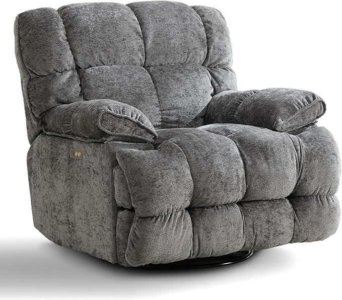 GINGO Power Oversized Recliner Chair, Extra Wide Swivel Rocking Recliner Chair, Breathable Soft Fabric Modern Single Sofa for Living Room, 90°-140° Electric Adjustable Angle, USB & Type-C Port, Gray