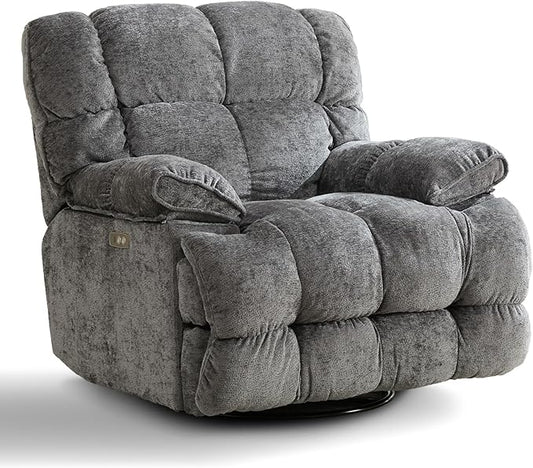 GINGO Power Oversized Recliner Chair, Extra Wide Swivel Rocking Recliner Chair, Breathable Soft Fabric Modern Single Sofa for Living Room, 90°-140° Electric Adjustable Angle, USB & Type-C Port, Gray