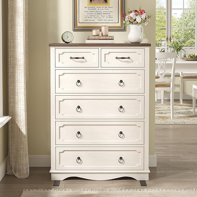 Maupvit 6 Drawer Dresser, 43" Tall Chest of Drawers for Bedroom, Farmhouse Dresser with Large Drawers & Metal Ring Pull Handles, Wood Dressers for Living Room, Hallway, Entryway, Antique White