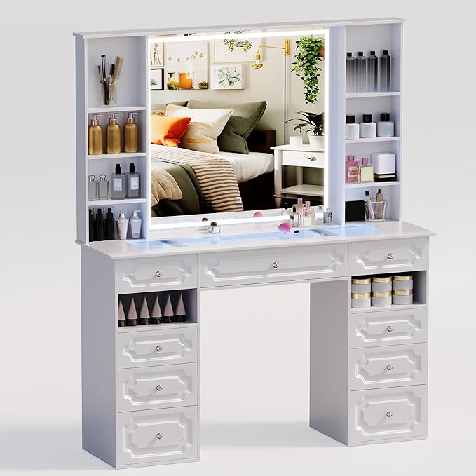 Vanity with Mirror and Light, Vanity with Glass Top and 9 Drawers, Dresser Set with Storage Bench, Adjustable Brightness Dresser (White, Glass Table-B)