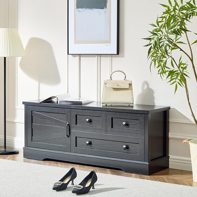 LIDYUK 3 Drawer Black Dresser for Bedroom Farmhouse Dresser Chest of Drawers, 48" End of Bed Storage Bench Wide Chest of Drawers for Bedroom, Living Room