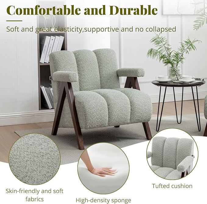 Mid Century Modern Accent Chair with Solid Wood Frame, Boucle Upholstered Living Room Chairs with Thick Cushion, Comfy Tufted Arm Chair for Bedroom, Sage