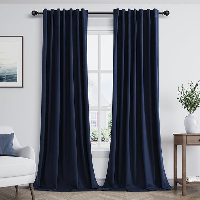 Guken Navy Blue Linen Blackout Curtains 90 Inch Length 2 Panels Set for Living Room Bedroom Back Tab Thermal Insulated 100% Black Out Linen Drapes Room Darkening Window Curtains 90 Inches Long