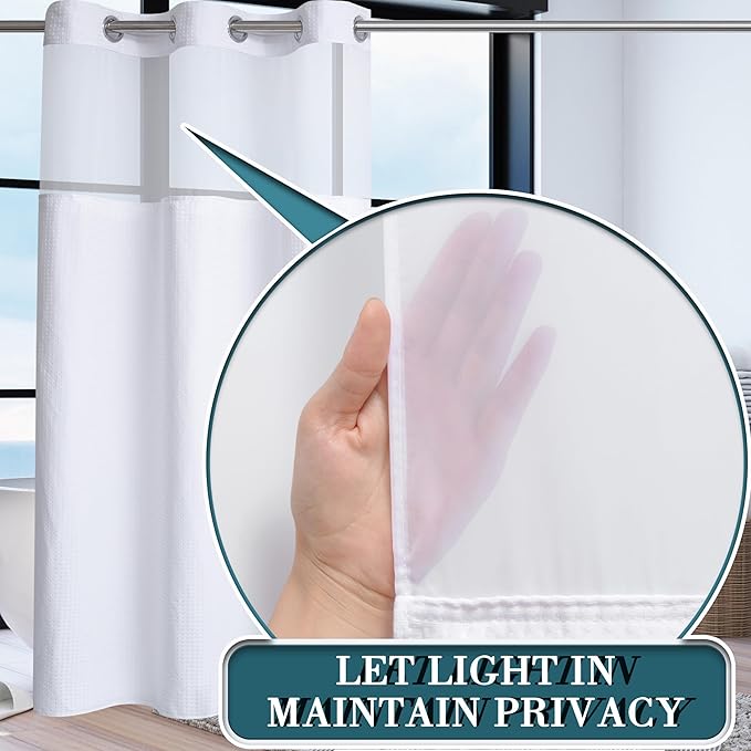 Conbo Mio Stall No Hook Waffle Weave Shower Curtain with Snap in Liner Set, Hotel Luxury White Shower Curtains for Bathroom with See Through Top Window, Waterproof, Washable 36W x 74H