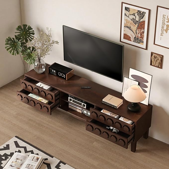 70" Modern TV Stand, Entertainment Center for Tvs up to 75", Unique Circular Design, TV Media Console with 4 Drawer & Open Storage for Living Room (Walnut)