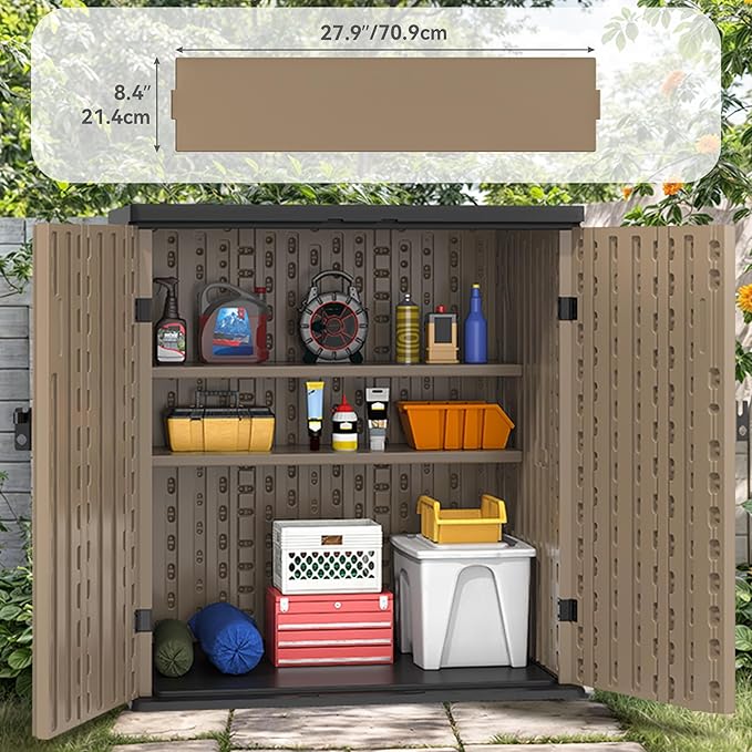 YITAHOME Outdoor Storage Cabinet with 2 Shelves, Waterproof Resin Horizontal Tool Shed, Lockable 15 cu. ft. Storage Shed for Patio, Garden, Yard, Brown