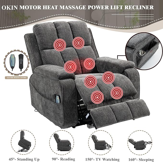 Power Lift Recliner Chairs for Elderly, Big and Tall Recliners 400 lbs, Lay Flat Recliner with Extended Footrest Heat & Massage and Side Storage Cup Holder for Adults LazyBoy Sleeping